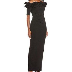 Xscape Women's Ruffled Off-the-Shoulder Short Sleeve Crepe Sheath Gown in Black